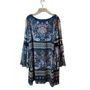 MSK Long Flared Bell Sleeve Shift Dress Crochet Details Size X-Large Boho Artsy